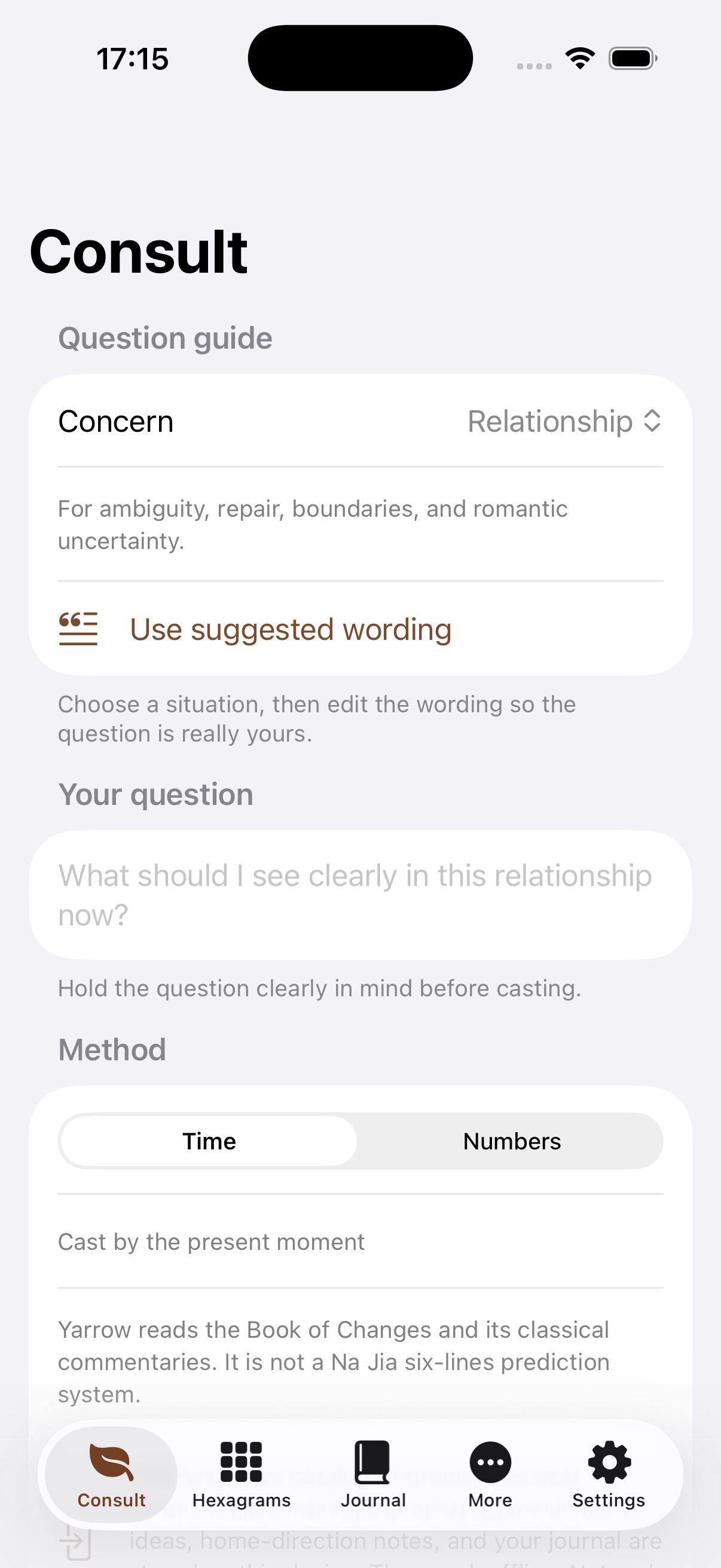 Yarrow question guide and five-tab navigation on iPhone